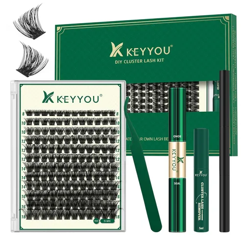 Miniatura 45 de KEYYOU Racimos de pestañas, 96 piezas de extensiones de pestañas DIY, rizado D de 16 mm, negro, realista, no irritante, fácil de colocar en casa