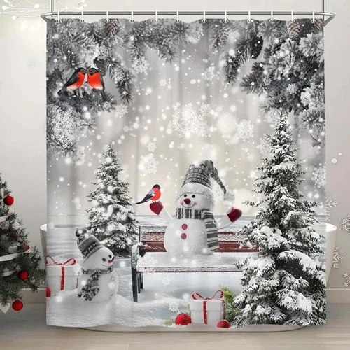 JAWO Cortina de ducha de muñeco de nieve de Navidad para decoración de baño, cortina de baño de tela con ganchos, 36 x 70 pulgadas