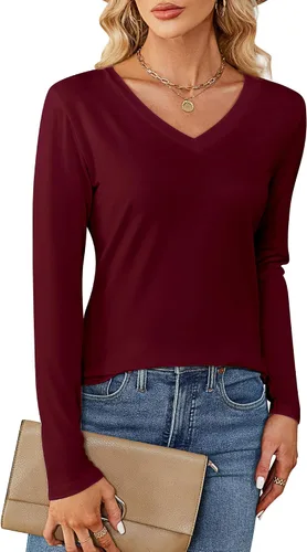 Miniatura 5 de Ficerd Paquete de 2 camisetas con cuello en V para mujer, manga corta o larga, camisetas básicas de verano casuales con dobladillo sólido