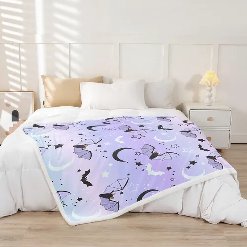 Miniatura 2 de Manfei Manta de Feliz Halloween, manta de murciélagos morados, luna y estrellas, para decoración de habitación de niños y niñas, manta de cielo