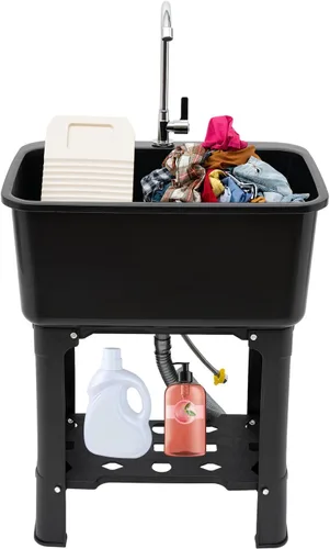 Miniatura 13 de Fregadero de plástico independiente con tabla de lavadero, lavabo para lavandería, lavabo con grifo caliente y frío para garaje, sótano, jardín