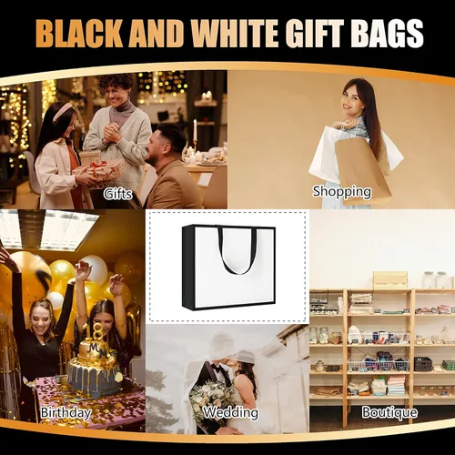 Miniatura 7 de Bolsas de regalo en blanco y negro con asas de cinta, 10 unidades de 12.5 x 4.5 x 11 pulgadas, bolsa de regalo blanca y negra, bolsas de regalo