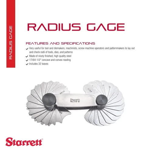 Miniatura 2 de Starrett Medidor de filete o radio para radios convexos y cóncavos, ideal para carpinteros y construcciones, acero inoxidable, 32 hojas, calibre
