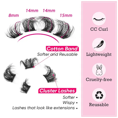 Miniatura 2 de Extensiones de pestañas naturales en racimo, pestañas postizas de aspecto natural wispy, pestañas individuales, tiras 3D, extensiones de pestañas