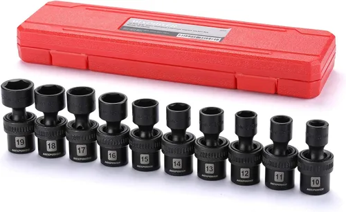 MIXPOWER Juego de 10 piezas de llaves vaso universales de impacto poco profundo de 3/8", métrico, 10-19mm, llave de giro con oscilación flexible,