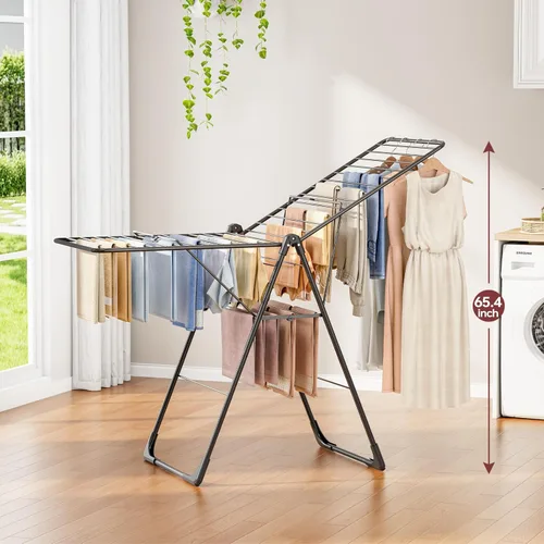 Miniatura 7 de APEXCHASER Tendedero plegable de gran tamaño con cubierta de pie en forma de L, altura ajustable, estante de lavandería multibarra, uso en Negro