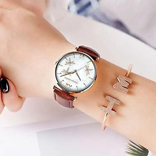 Miniatura 5 de TENNOVO Fashion Ladies Dragonfly Quartz Watch Luxury Dress Women's 2PCS Bracelet Watch Set Rose Flowers Giftable Packing Box for Women