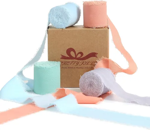 Miniatura 27 de Pretty Jolly Cinta de gasa beige para envolver regalos, 3 rollos de 2 pulgadas x 7 yardas, cinta de tela de seda hecha a mano con flecos para ramo