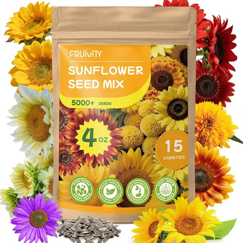Más de 15 variedades de 5000 semillas de girasol para plantar, semillas de mezcla de girasol de 4 onzas para plantar (mamut gigante, enano), paquete