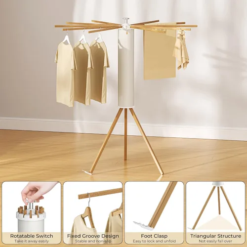 Miniatura 4 de SUNOUTLY Estante de secado de ropa con trípode, estante portátil y plegable para ahorrar espacio, estante para secadora de ropa, balcón, dormitorio
