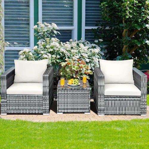 Miniatura 3 de HAPPYGRILL Juego de 3 piezas de sofá de mimbre de ratán al aire libre con mesa auxiliar, juego de muebles de patio con cojines suaves para balcón