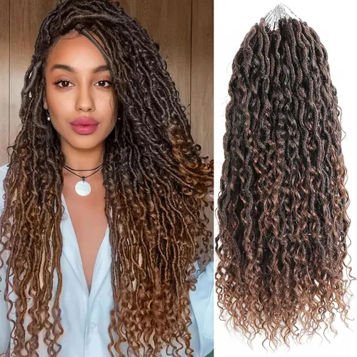 Miniatura 42 de Copper Goddess Faux Locs Cabello de Ganchillo con Puntas Rizadas, 7 Paquetes de 14 Pulgadas Boho Goddess Locs Cabello de Ganchillo, Cabello