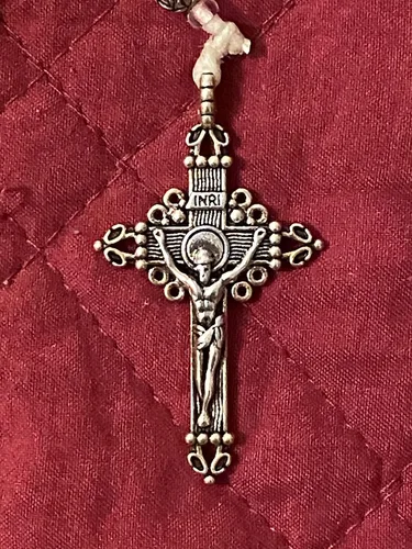 Miniatura 3 de Pink Frosted Glass Rosary with Miraculous Medal and 2" Crucifix St Michael Medal