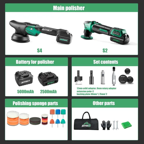 Miniatura 9 de Pulidora inalámbrica BATOCA S4 para el cuidado del automóvil con 2 piezas de baterías de 12 V y 2.5 Ah, tanto amortiguador rotatorio como pulidora