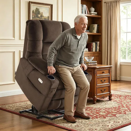 Miniatura 4 de MCombo Sillón Reclinable Grande con Triple Motor de Elevación Eléctrica con Masaje y Calefacción Doble, Reposacabezas Ajustable para Personas Café