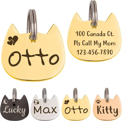 Anavia Etiquetas de identificación para mascotas con forma de cabeza de gato y pez, etiqueta de nombre de gato con diseño de icono divertido Dorado