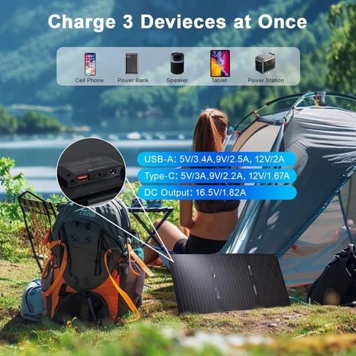 Miniatura 3 de Panel solar portátil de 30W, cargador de panel solar plegable con QC3.0 USB-A USB-C y salida DC para teléfono/banco de energía/iPad/estación