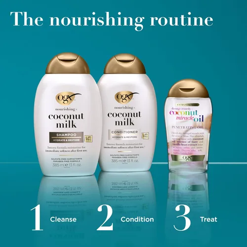 Miniatura 7 de OGX Nutritivo + juego de champú y acondicionador sin sulfato de leche de coco, hidrata y suaviza el cabello, tecnología Lipi Pro Shield, aroma