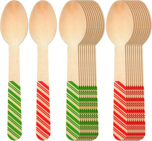 Miniatura 9 de Hoolerry 100 piezas cucharas de madera desechables de Navidad 14 cm Barra de degustación de invierno con sabor a barra de caramelo de chocolate