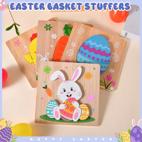 Miniatura 11 de Paquete de 4 rompecabezas de madera de Pascua para niños y niñas pequeños, rompecabezas de juguetes para cestas de Pascua, regalos de fiesta