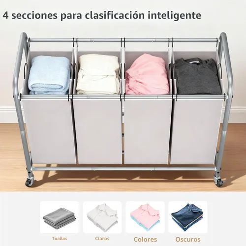 Miniatura 2 de Organizador de lavandería Maniac de 4 secciones, 4 bolsas, cesta de lavandería con ruedas giratorias y bolsas extraíbles Gris