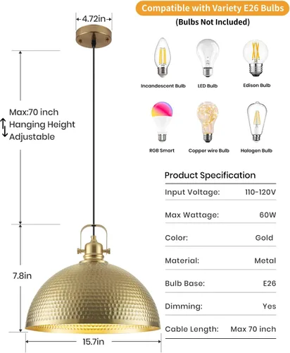 Miniatura 2 de Paquete de 1 lámpara colgante dorada de 16 pulgadas, luz colgante de cúpula grande martillada, luces colgantes industriales de granja para isla