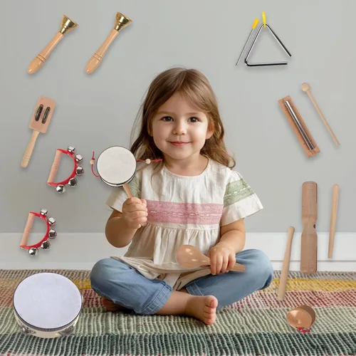 Miniatura 5 de Juego de instrumentos musicales de madera para niños pequeños de 1 a 3 años, instrumentos de percusión de madera natural, juego de regalo