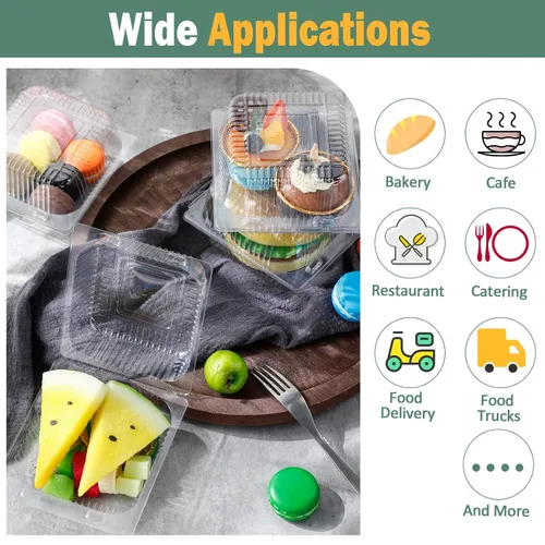 Miniatura 6 de 300 recipientes de plástico transparente para llevar, contenedores de plástico desechables de 5 x 5 pulgadas, cajas de postre con bisagras con tapas