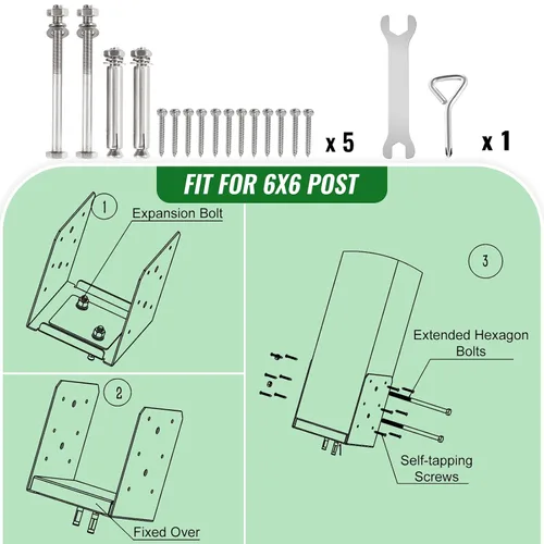 Miniatura 6 de Base de poste de 6 x 6 pulgadas, 5 anclajes de poste de acero inoxidable (tamaño interior: 5.71 x 5.2), soporte de poste ajustable para postes