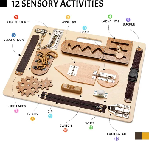 Miniatura 3 de Tablero Ocupado Montessori para Niños Pequeños, Juguetes Sensoriales de Madera, Actividades de Aprendizaje Preescolar para Habilidades Motoras Finas