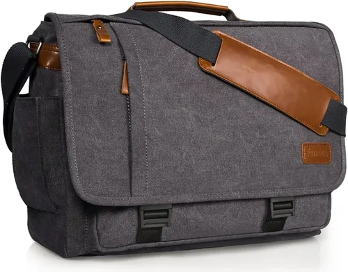 Miniatura 14 de ESTARER Bolsa de mensajero para laptop de 13 a 14 pulgadas, resistente al agua, bolsa de hombro de lona para universidad de negocios, gris