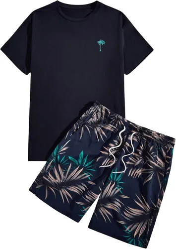 Miniatura 11 de GORGLITTER Conjunto de 2 piezas de camiseta gráfica de manga corta para hombre, estampado hawaiano con cordón y pantalones cortos