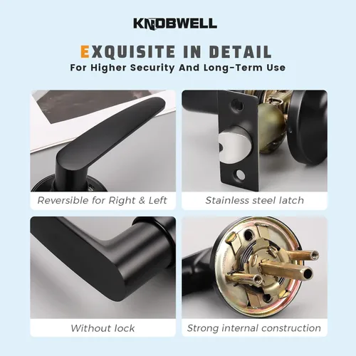 Miniatura 6 de KNOBWELL Paquete de 10 manijas modernas para puerta interior color negro mate, pomo de puerta de armario con palancas rectas (sin bloqueo)