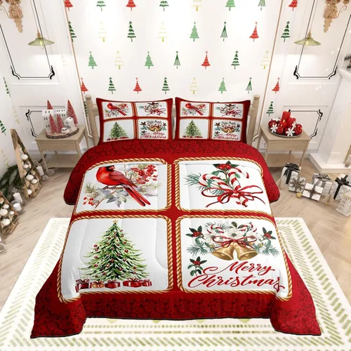 Miniatura 44 de Juego de edredón de Feliz Navidad, tamaño individual, juego de ropa de cama de flores rojas de Navidad, bayas y hojas, para niños y hombres, juego