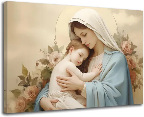 GLOKAKA Arte de pared de la Virgen María y Cristo Jesús, Madre Virgen María con el bebé Jesús, pintura de arte católico para sala de estar,