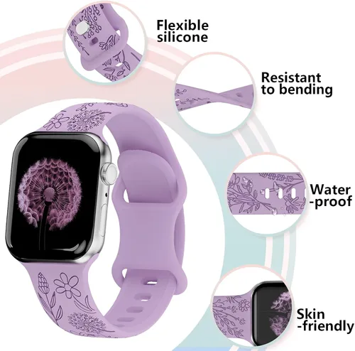 Miniatura 3 de Paquete de 3 correas grabadas con flores compatibles con Apple Watch de 1.496 pulgadas, 1.575 pulgadas, 1.614 pulgadas, 1.654 pulgadas, 1.732