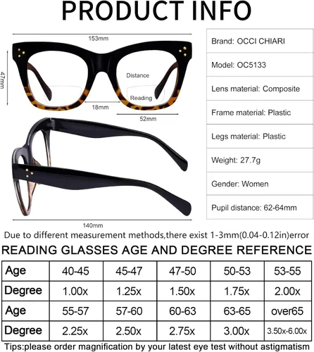 Miniatura 6 de OCCI CHIARI Lentes de lectura bifocales de gran tamaño para mujer, bloqueo de luz azul, elegantes lectores 1.0 1.5 2.0 2.5 3.0 3.5 Demi