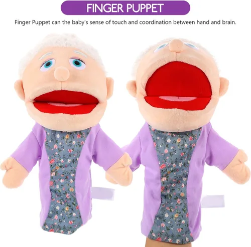 Miniatura 4 de Marioneta de mano para abuela, figura de miembro de la familia con boca móvil, marioneta de mano de felpa, juguetes de simulación, accesorios