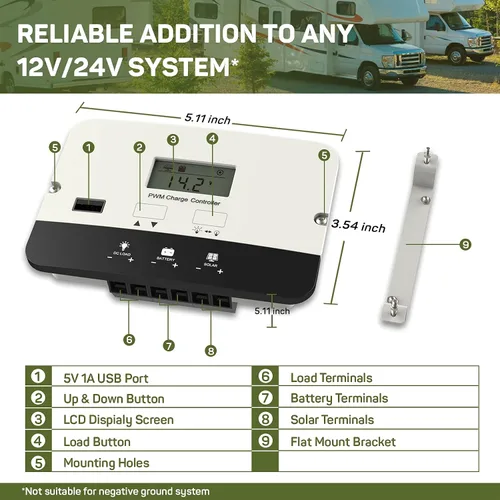 Miniatura 2 de HQST controlador de carga solar PWM, controlador de batería de panel solar de 20A con montaje empotrado, regulador inteligente automático de 12/24V