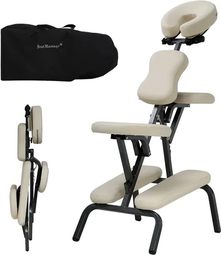 Silla de masaje portátil, Esponja de 4 pulgadas de grosor, Altura ajustable, Silla de spa plegable, Capacidad de carga 250 libras, Crema