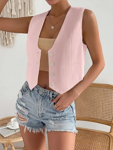 Miniatura 10 de Floerns Chaleco corto sin mangas con botones en la parte delantera y cuello en V para mujer