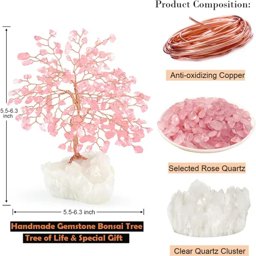Miniatura 5 de Árbol de la Vida de Cristal de Piedras Preciosas, Base de Racimo de Cuarzo Rosa Natural y Cuarzo Transparente, Cristal Curativo de Energía Positiva