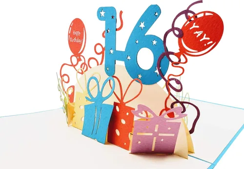 Miniatura 3 de iGifts And Cards Tarjeta desplegable 3D de cumpleaños de 16 años, regalos coloridos y escena de celebración de globos, divertido saludo