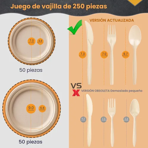 Miniatura 6 de Gezond Juego de 250 platos de papel desechables, utensilios compostables de caña de azúcar, juego de vajilla respetuoso con el medio ambiente, Juego