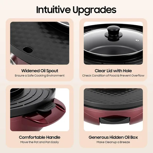 Miniatura 5 de Olla caliente con parrilla, olla eléctrica 2 en 1 de 2000 W con doble control de temperatura, parrilla multifuncional sin humo Shabu Shabu Pot Rojo