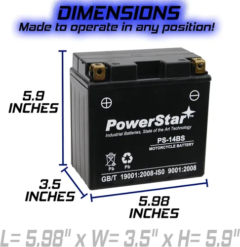 Miniatura 7 de PowerStar YTX14-BS, YTX14, KMX14-BS, FTX14-BS Batería de repuesto 200cca Alto rendimiento WP14-BS sellado AGM para Powersports