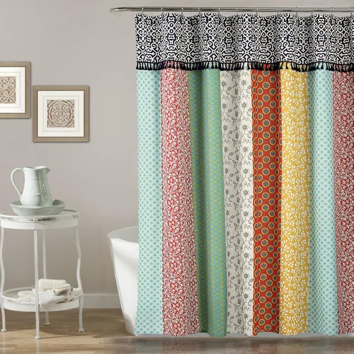 Lush Decor Cortina de ducha con parches bohemios, tela bohemia con estampado de rayas verticales con borlas, 72 x 72 pulgadas, multicolor, 70 x 72