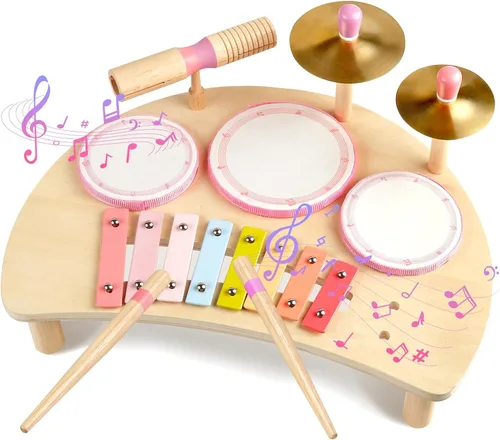 Miniatura 8 de Juego de batería Montessori para niños pequeños de 1 a 3 años, kit de batería de madera para bebé con xilófono, juguetes de música preescolar