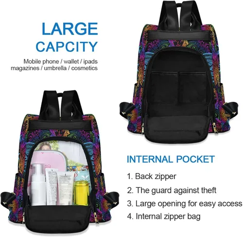 Miniatura 5 de senya Mochila de moda para mujer, mochila étnica de libélula colorida arcoíris para mujeres y niñas, Libélula étnica, Mochilas Daypack