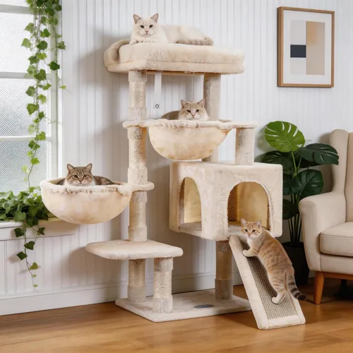 Hey-brother Árbol para gatos, torre para gatos de interior, casa para gatos con cama acolchada grande, acogedor condominio, hamacas, postes Beige